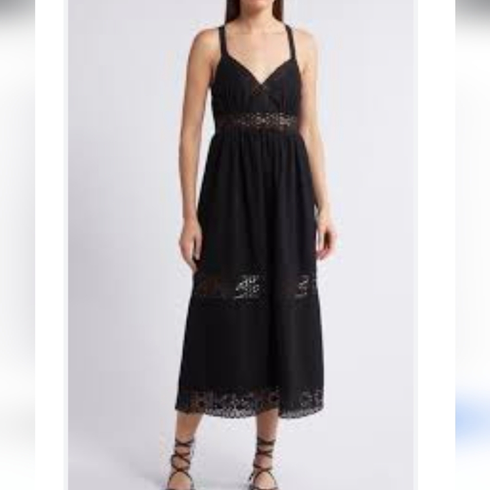 Treasure & Bond Linen Blend Midi Sundress Black XS New Lace Trim Nwt